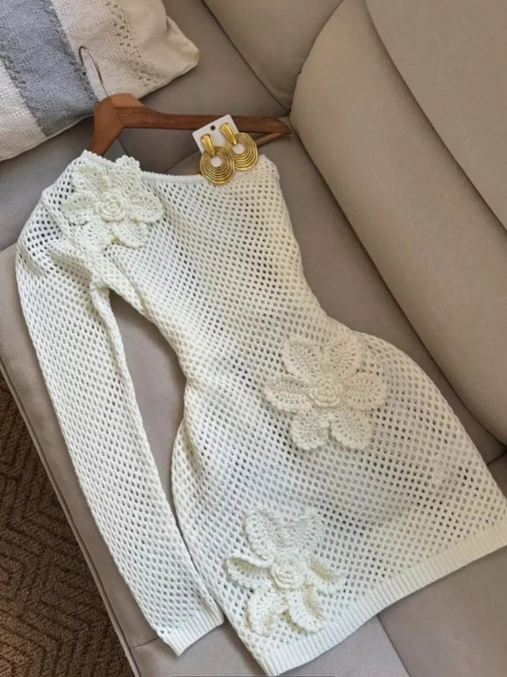 Women's Crochet Openwork Off-Shoulder Dress, French-Style Elegant